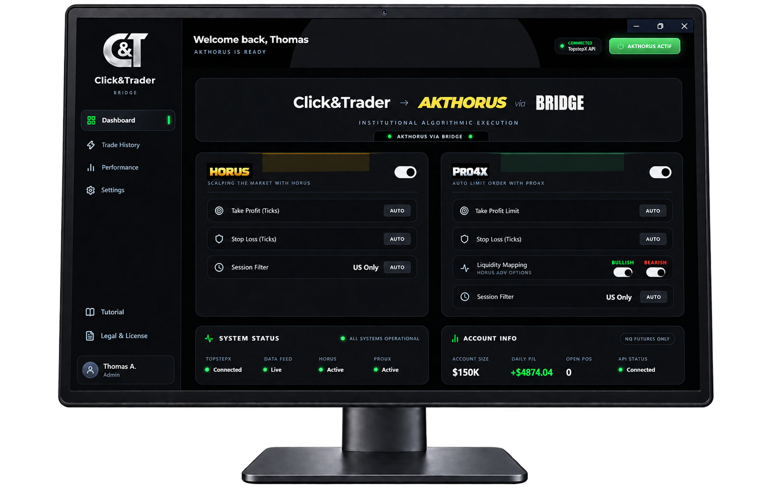 Computer monitor displaying the Click&Trader BRIDGE dashboard and AKTHORUS settings.