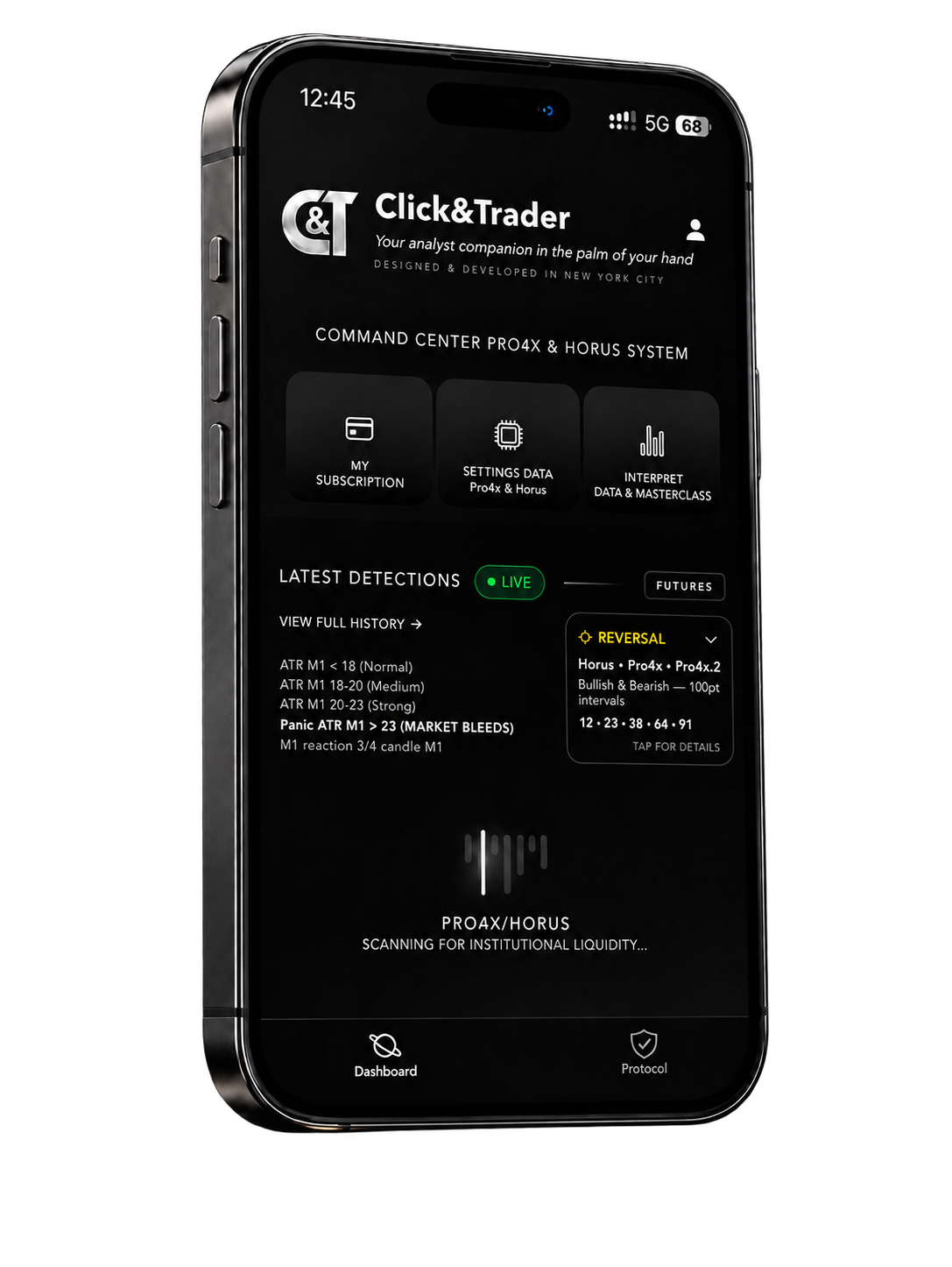 Click&Trader on iPhone: dark interface, Horus and Pro4x alerts, and price zones.