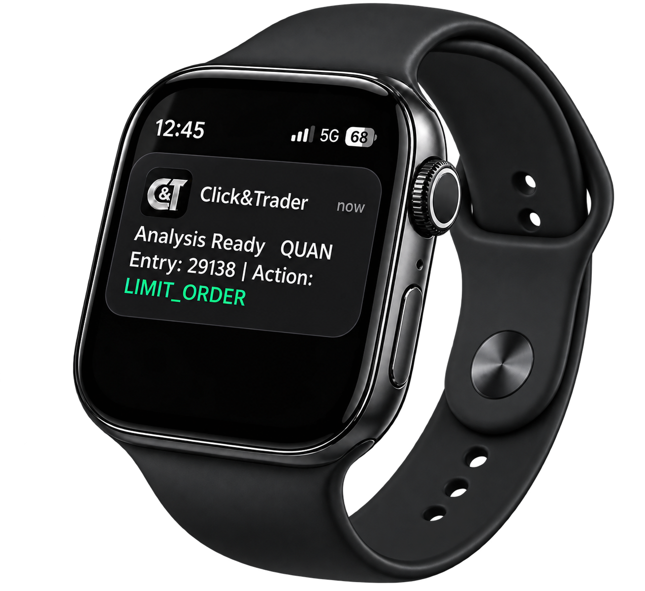 Apple Watch illustration showing a Click&Trader notification: Analysis Ready, Entry 29138, LIMIT_ORDER.